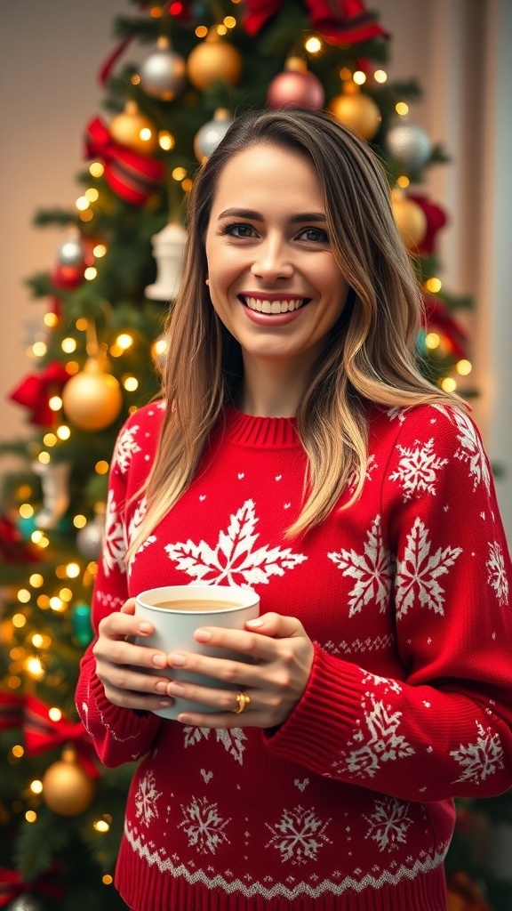 Festive Christmas Profile Picture Ideas for Women A woman in a red holiday sweater holding hot cocoa in front of a decorated Christmas tree.